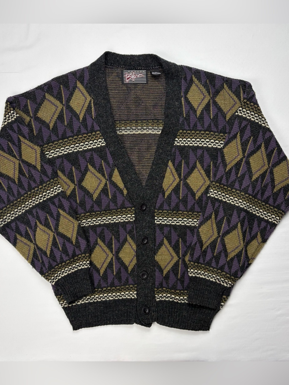Vintage 90s Anchor Blue Geometric Grandpa Cardigan M
